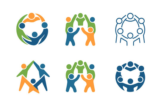 Fitness Challenge Icons. A group of friends doing a fitness challenge together, encouraging each other. Icon set. Set Logo of a fitness challenge: teammates