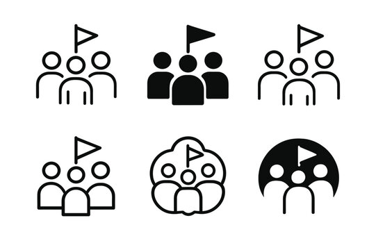 Supportive Goal Icons. Supporting friends? personal goals. Icon set. Set Logo of supporting friends? personal goals: people standing around a goal flag.