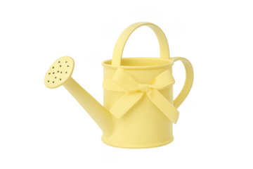 Yellow metal watering can with bow for gardening