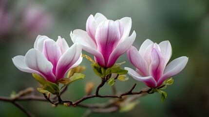 Fototapeta premium Three vibrant pink and white flowers bloom on slender branches against a soft background