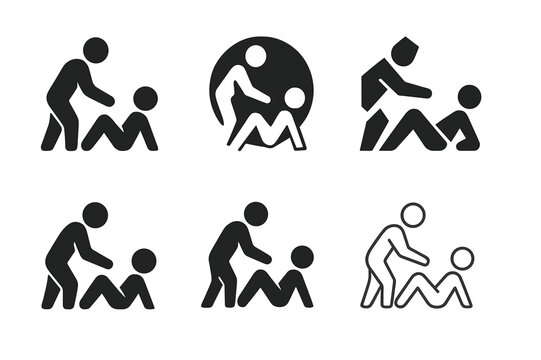 Personal Trainer Logos. A personal trainer demonstrating a workout move for a client. Icon set. Set Logo of a personal trainer demonstrating a workout move for