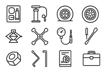 Obraz premium Tire Repair Icons. Tire Repair Tools. Line icon set of Tire Repair Tools: patch kit, tire inflator, flat tire, spare tire, jack, wrench, air gauge,