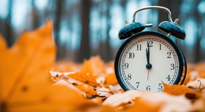 Classic alarm clock resting on vibrant golden autumn leaves with hands at twelve o'clock, symbolizing seasonal change and time passing in a beautiful natural setting