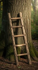 An aged wooden ladder leaning against a strong tree in a beautiful serene forest symbolizing future possibilities