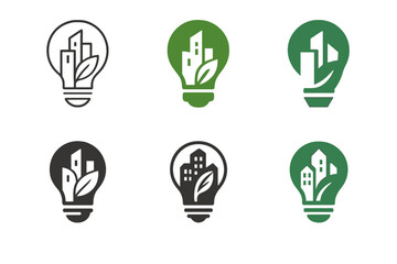 Naklejka premium Urban Eco Logos. Urban Renewable Projects. Icon set. Set Logo of Urban Renewable Projects: eco-friendly light bulb over city. harmonious logo variations of the