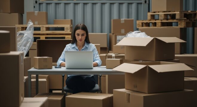 Dedicated entrepreneur focuses intently on laptop, surrounded by brown cardboard boxes, diligently managing thriving e-commerce small business operations