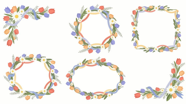 Beautiful floral frames and borders with tulips and daisies, perfect for invitations and decorations
