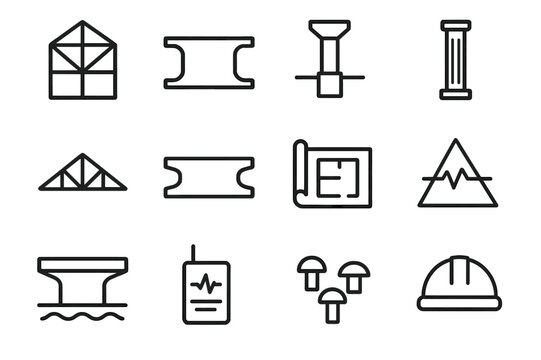 Structural Engineering Icons. Structural engineering. Line icon set of Structural engineering: steel frame, load beam, foundation, column, truss, girder,