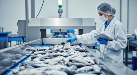 Female quality control professional meticulously inspects fresh fish on a high-tech seafood processing line, ensuring food safety and hygiene in a modern industrial factory