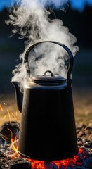 Traditional dark kettle boiling water over glowing embers on a campfire creating hot steam outdoors