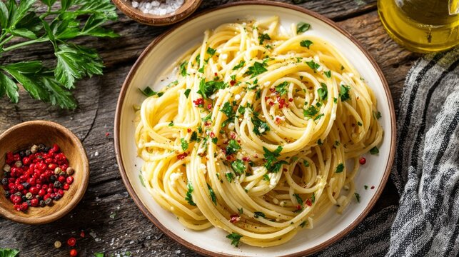 Freshly Prepared Spaghetti Alio Olio with Parsley and Chili Flakes on Rustic Wooden Table Setting