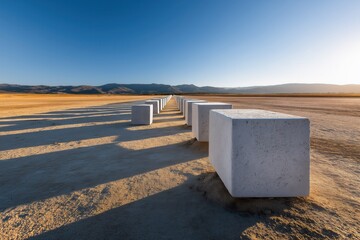 Concrete blocks forming straight path in open landscape, abstract metaphor for structure, planning and consistent progress
