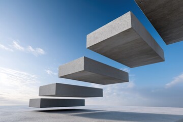 Floating concrete staircase under open sky, abstract metaphor for structured growth, elevation and step-by-step business progress