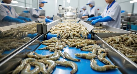 Fresh raw shrimp move along a blue conveyor belt, meticulously processed by workers in a modern seafood factory, ensuring quality for global markets