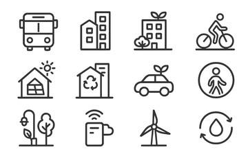 Fototapeta premium Sustainable Urban Icons. Urban sustainability. Line icon set of urban sustainability: public transit, green building, rooftop garden, bike lane, solar roof,