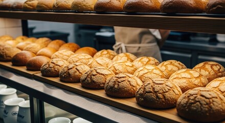 Freshly baked artisan bread rolls with crisp golden crusts are invitingly displayed, offering wholesome deliciousness from a professional bakery