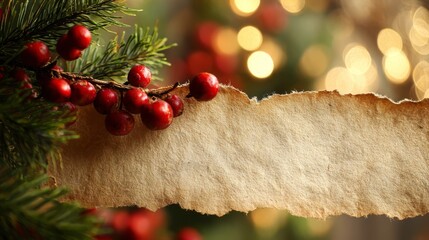 blank paper note with red berries and pine needle with Christmas light , festive vibes