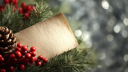 blank paper note with red berries and pine needle with Christmas light , festive vibes