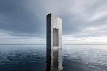 Solitary concrete monolith with central void over reflective water, abstract metaphor for ambition, resilience and future possibility