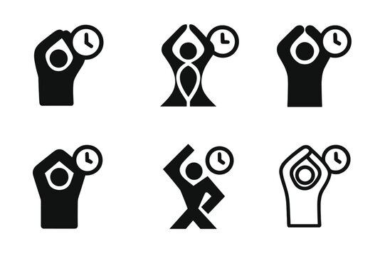 Stretch Break Logos. Taking a break from work to stretch. Icon set. Set Logo of Taking a break from work to stretch: stretch timer or reminder