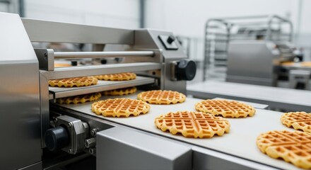 Golden waffles move efficiently along a clean conveyor belt in a modern industrial bakery, showcasing automated food production and sweet treat manufacturing