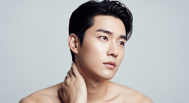 Closeup portrait of a handsome young asian man with dark, slickedback hair touching his neck against a light gray background