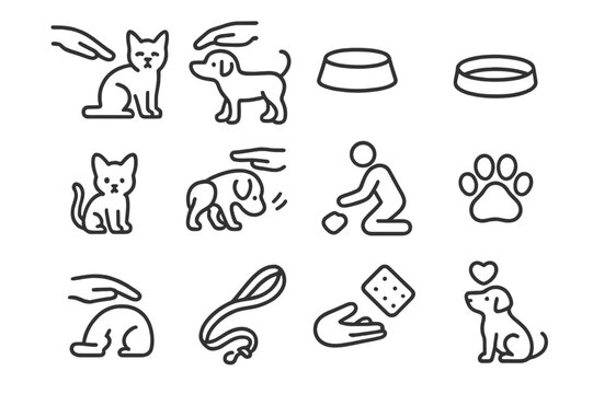 Petting Street Animals Icons. Petting street animals. Line icon set of petting street animals: hand reaching to cat, dog wagging tail, feeding bowl, street