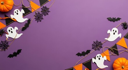Halloween festive decorations with playful ghosts, spooky bats, and vibrant pumpkins frame a rich purple background, perfect for seasonal greetings or autumn party invitations