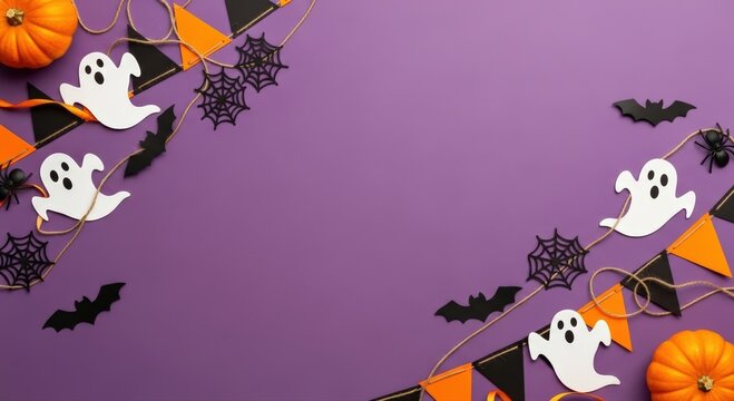 Halloween festive decorations with playful ghosts, spooky bats, and vibrant pumpkins frame a rich purple background, perfect for seasonal greetings or autumn party invitations