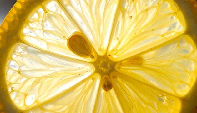A close-up view of a backlit lemon slice showing its translucent segments, seeds, and textured rind. The light reveals internal structures