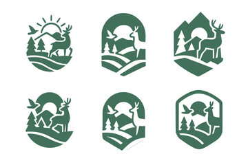 Eco-Tourism Emblem Set. Eco-tourism with wildlife preservation. Icon set. Set Logo of eco-tourism with wildlife preservation: wildlife sanctuary landscape with