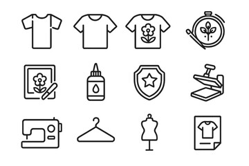 Custom Apparel Icons. Customized apparel set. Line icon set of Customized apparel set: t-shirt template, plain t-shirt, printed t-shirt, embroidery design,
