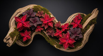 Organic Driftwood Display with Lush Red and Purple Foliage and Moss