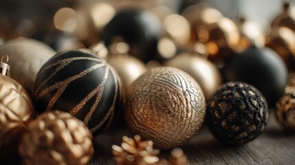 black gold Christmas bauble ball on table , abstract Christmas background
