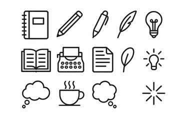 Fototapeta premium Notebook Icon Set. Idea Notebook. Line icon set of Idea Notebook: notebook, pencil, pen, quill, open book, typewriter, paper sheet, lightbulb, idea cloud,