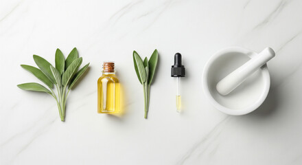 Fresh sage leaves, essential oil, and mortar with pestle for natural wellness on marble.