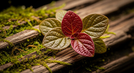 Resilient small plant with vibrant red and green leaves thriving on mossy woodland log.