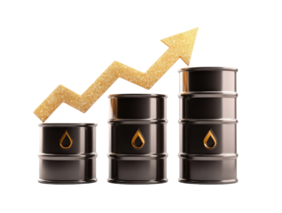 Graphic with oil barrels stacked in increasing heights, topped by a gold arrow pointing upward, suggesting growth and price hikes