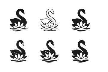 Naklejka premium Swan Logo Variations. Swans. Icon set. Set Logo of swans: pair of swans forming a heart shape with their necks. harmonious logo variations of the