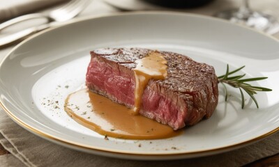 Seared steak with creamy sauce, garnished with rosemary
