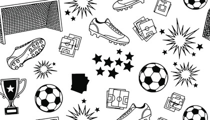 Seamless soccer pattern with balls shoes and trophy background