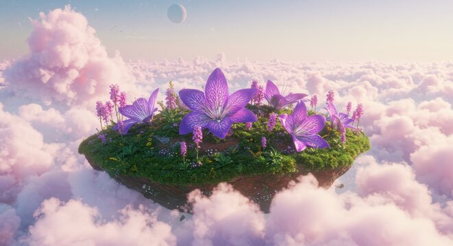Lush floating island adorned with vibrant purple blossoms suspended amidst pale pink clouds and a distant celestial body. - Powered by Adobe