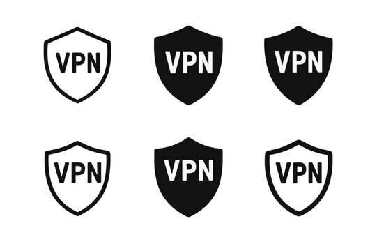 VPN Shield Icons. Remote work tools. Icon set. Set Logo of VPN shield. harmonious logo variations of the same emblematic concept (Minimal outline, Negative