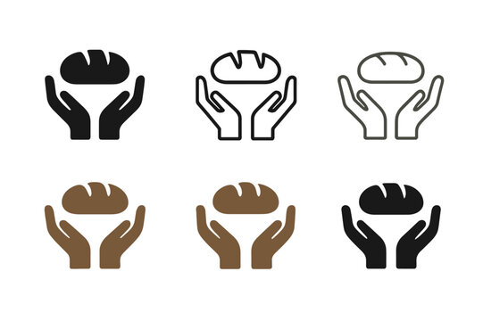 Food Symbol Logos. Need for food. Icon set. Set Logo of Need for food: open hands holding a loaf of bread. harmonious logo variations of the same emblematic