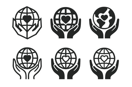Human Rights Logos. Human rights. Icon set. Set Logo of Human rights: globe embraced by hands with heart. harmonious logo variations of the same emblematic