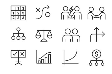 Fototapeta premium Game Theory Icons. Game Theory. Line icon set of Game Theory: payoff matrix, strategy icon, competition, cooperation, decision tree, equilibrium, players icon,