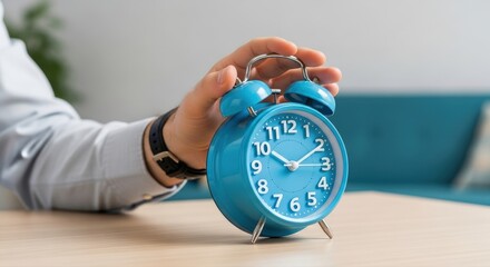 Person's hand gently sets a vibrant blue retro alarm clock on a clean wooden table, symbolizing important morning routines and efficient time management