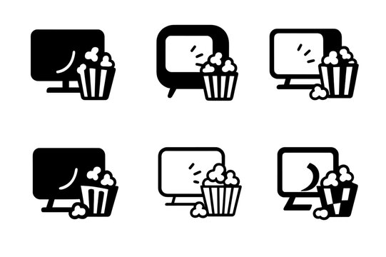 Popcorn and TV Icons. Watching Your Favorite TV Show or Movie with Popcorn. Icon set. Set Logo of weekend relaxation: popcorn spilling beside glowing TV.
