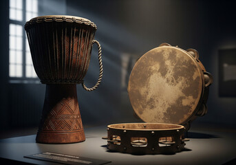 Traditional Percussion Instruments Displayed in a Moody Museum Setting with Light