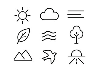 Calm Weather Icon Set. Calm weather. Line icon set of calm weather: sun, cloud, fog, leaf, wave, tree, mountain, bird, droplet, grass, road, horizon. All